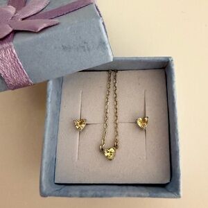 Sterling Silver Yellow Topaz Heart Necklace & Lemon Quartz Earrings Set
